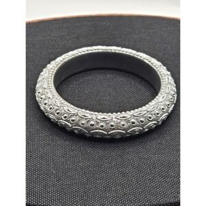 Silver Tone Embossed Bangle Bracelet Ornate Beaded Textured Slip On 8 Inch